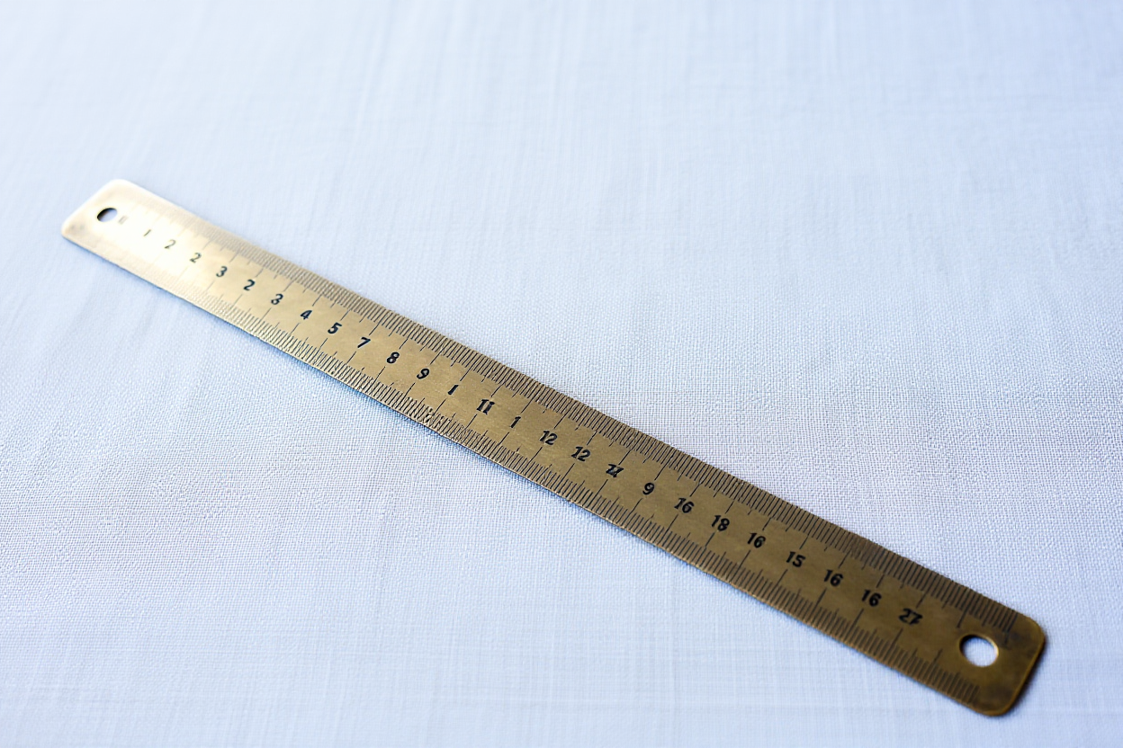 A close-up shot of a vintage brass ruler lying across textured linen fabric in soft daylight