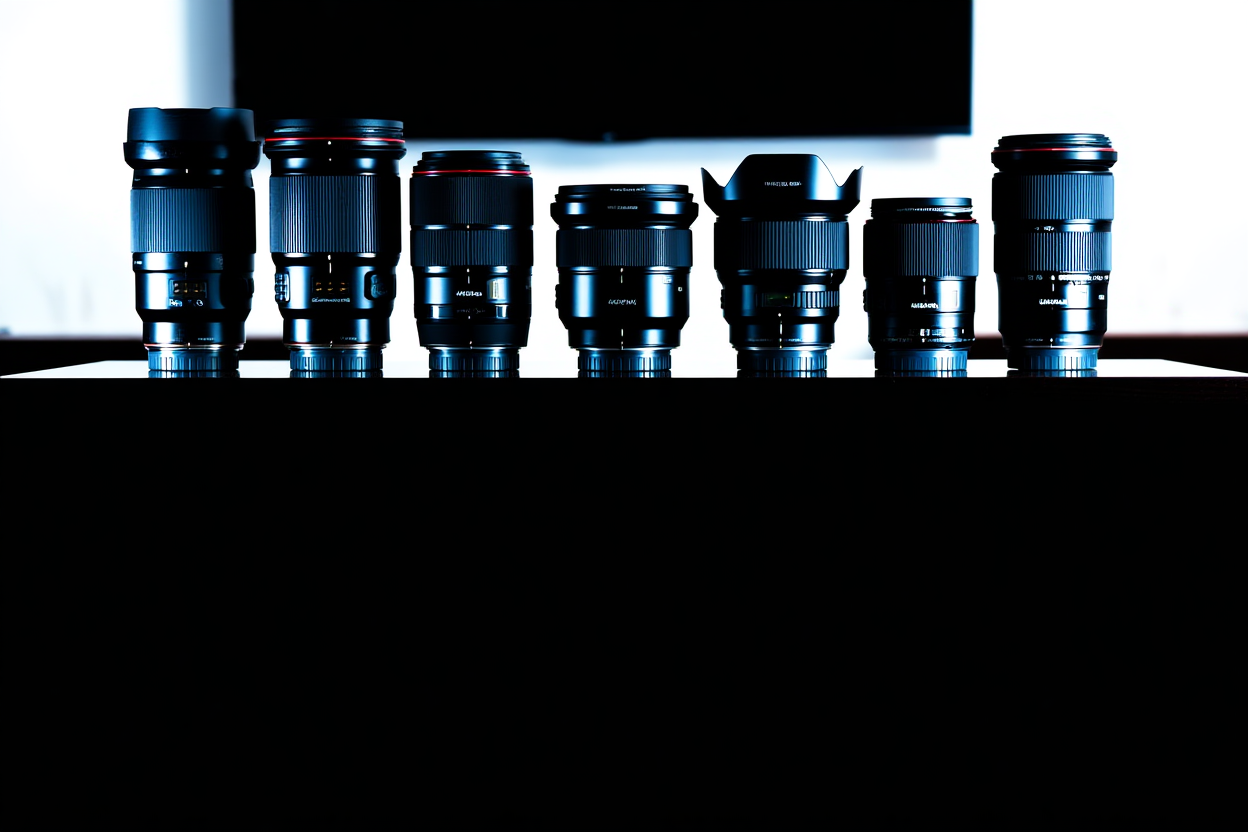 A neatly organized shelf displaying various camera lenses and memory cards in soft studio lighting