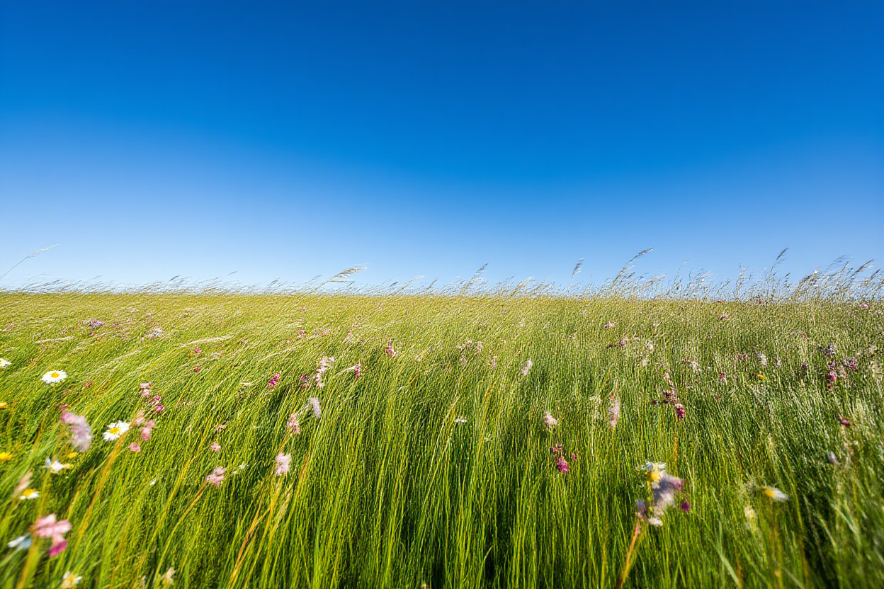 A wide-angle view of a sunny meadow with wildflowers swaying gently in the breeze under a clear blue sky