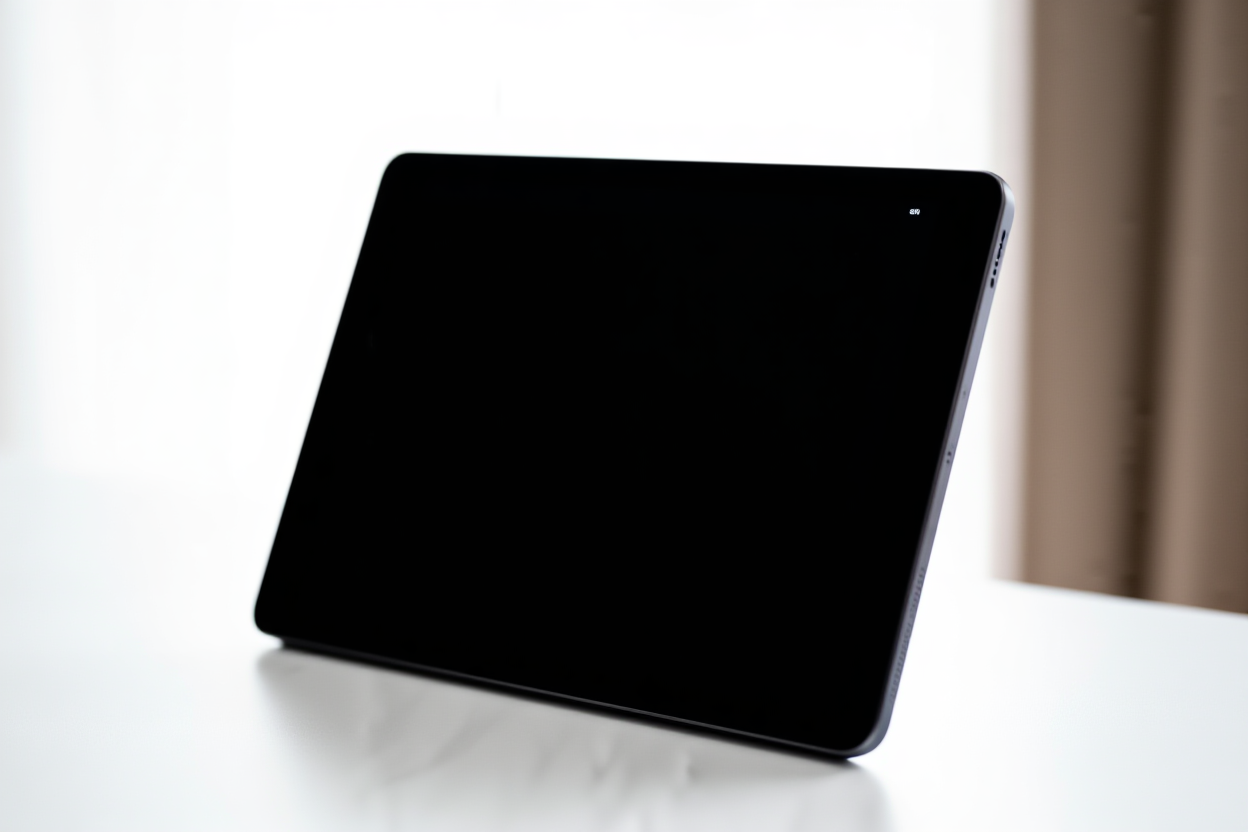 un primer plano de una tableta digital que muestra una lista de palabras clave en un escritorio blanco limpio, luz natural suave, toma panorámica amplia