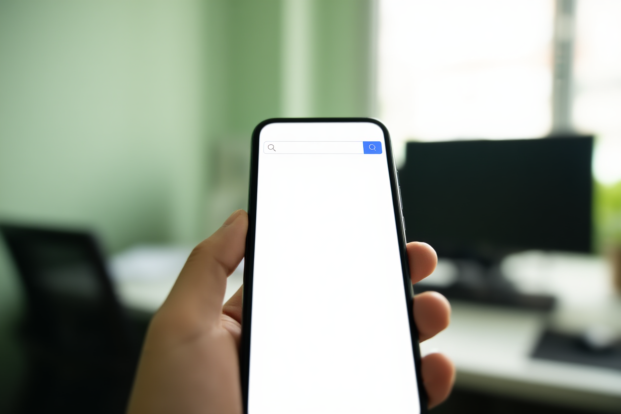 una mano sosteniendo un teléfono inteligente que muestra resultados de búsqueda en un fondo de oficina desenfocado, enfoque suave, toma panorámica amplia