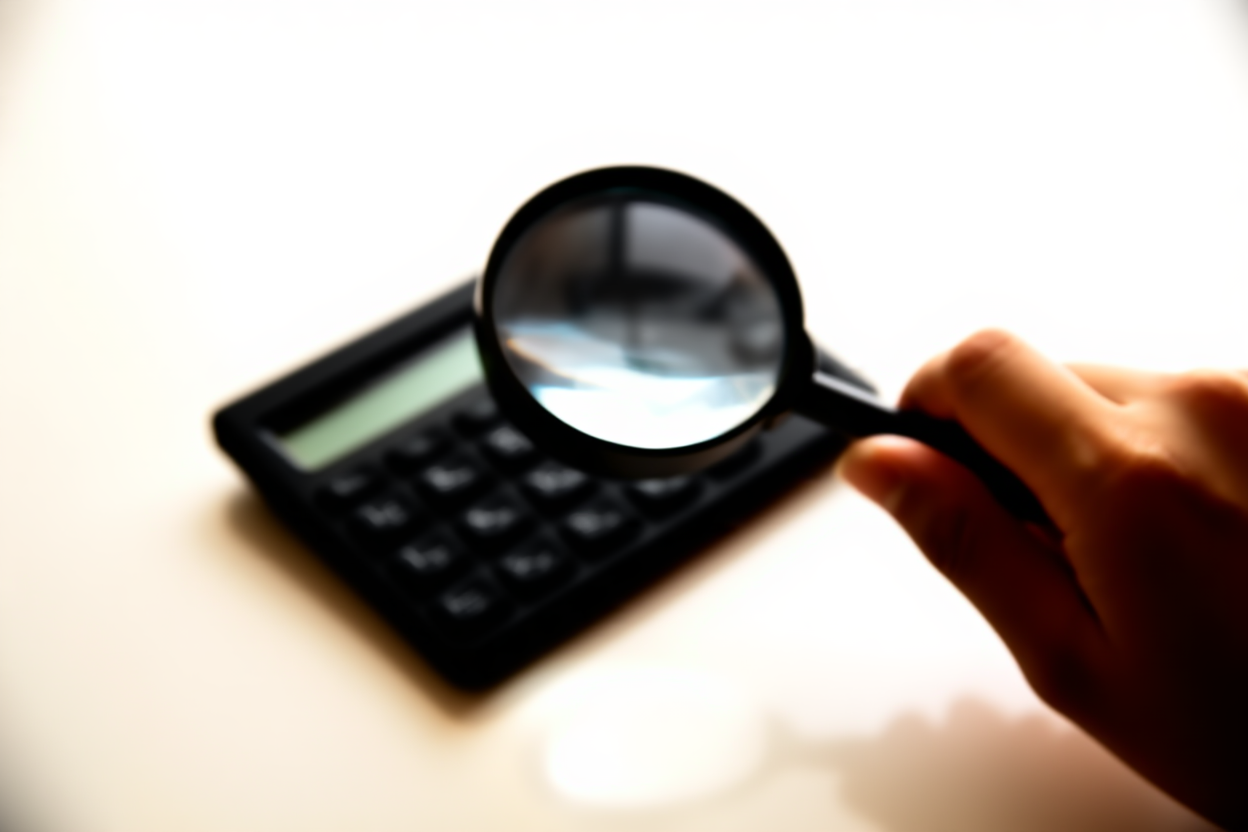 a hand using a magnifying glass over a digital keyboard