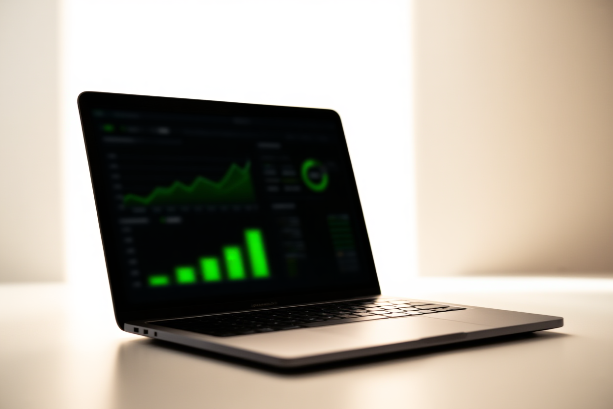 a sleek laptop displaying a dashboard with green growth charts