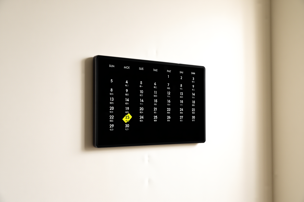 ein schlichter digitaler Kalender, der an einer Studiowand hängt, mit hervorgehobenen Daten, die Spitzenzeiten für den Fotografieverkauf anzeigen