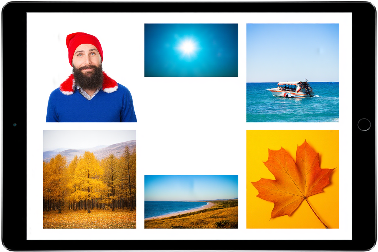 eine lebendige Collage saisonaler Stockfotografie-Themen, einschließlich Winterferien, Sommerreisen und Herbsternte disp