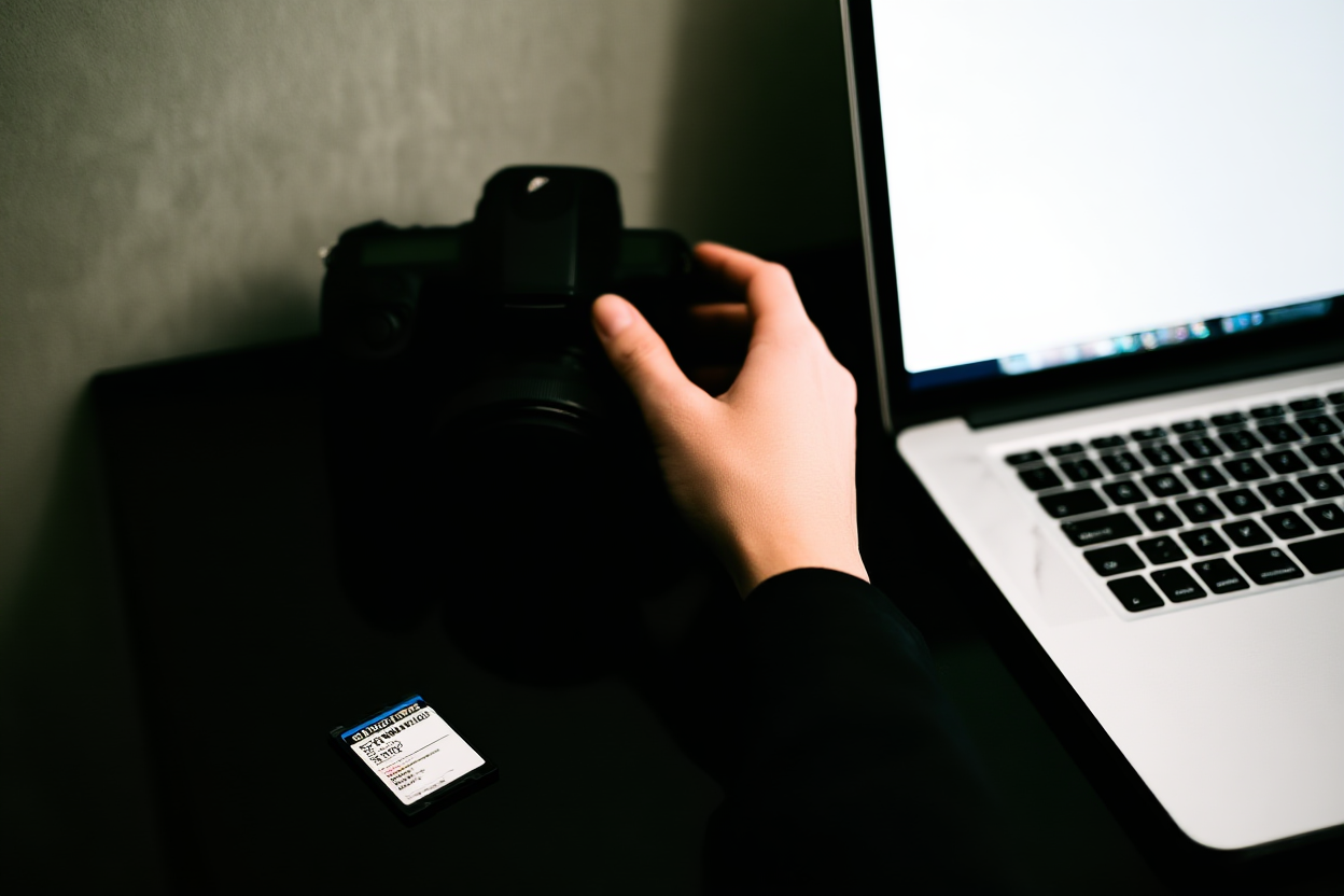 ein Fotograf, der Kameramedienkarten neben einem Laptop organisiert, auf dem Metadatensoftware läuft
