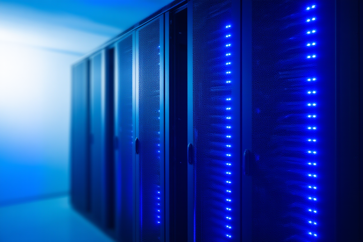 ein Server-Rack, das von blauen LED-Leuchten beleuchtet wird und die schnelle Datenverarbeitung von Tausenden von Dateien darstellt