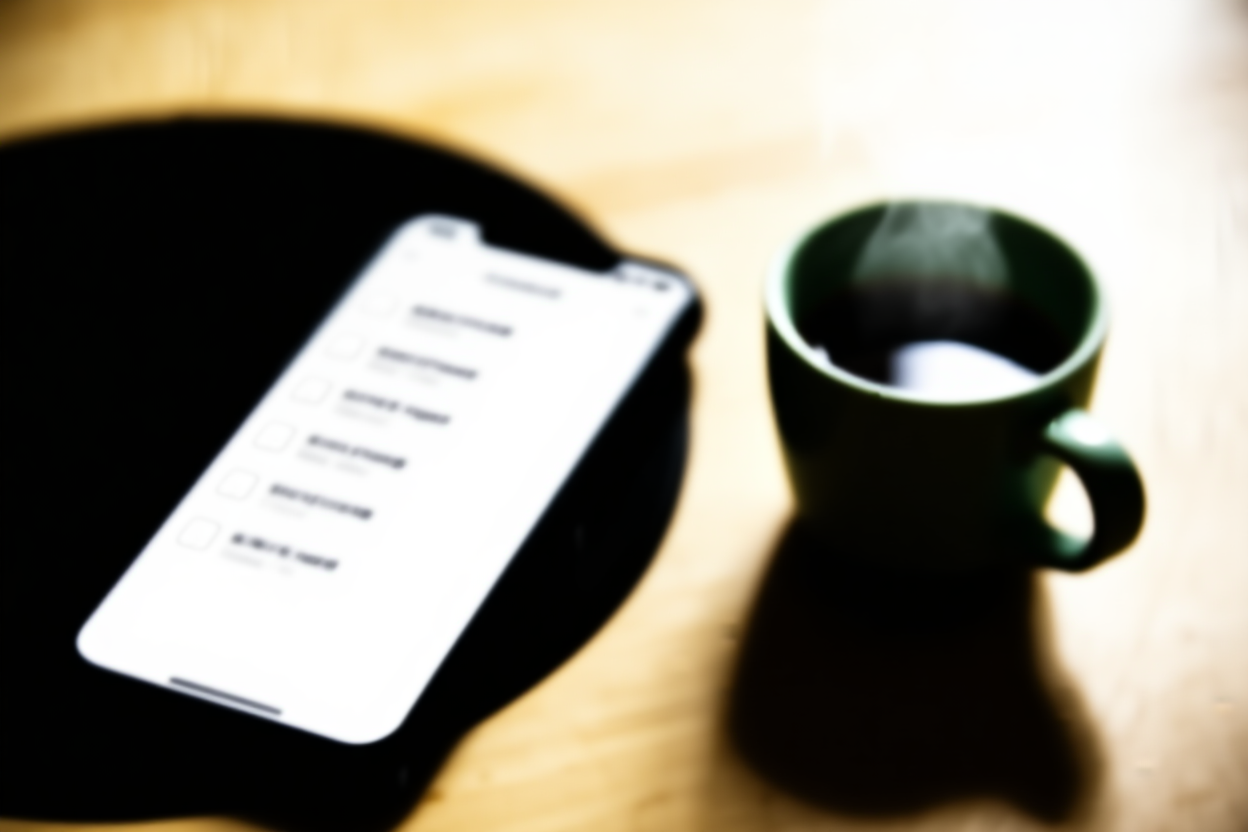 smartphone menampilkan daftar kata kunci di sebelah cangkir kopi yang mengepul di atas meja kayu rustic