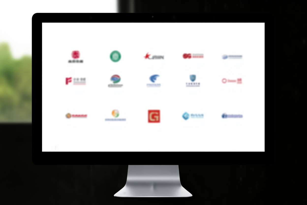 monitor desktop ramping menampilkan beberapa logo agensi yang disusun dalam pola grid rapi