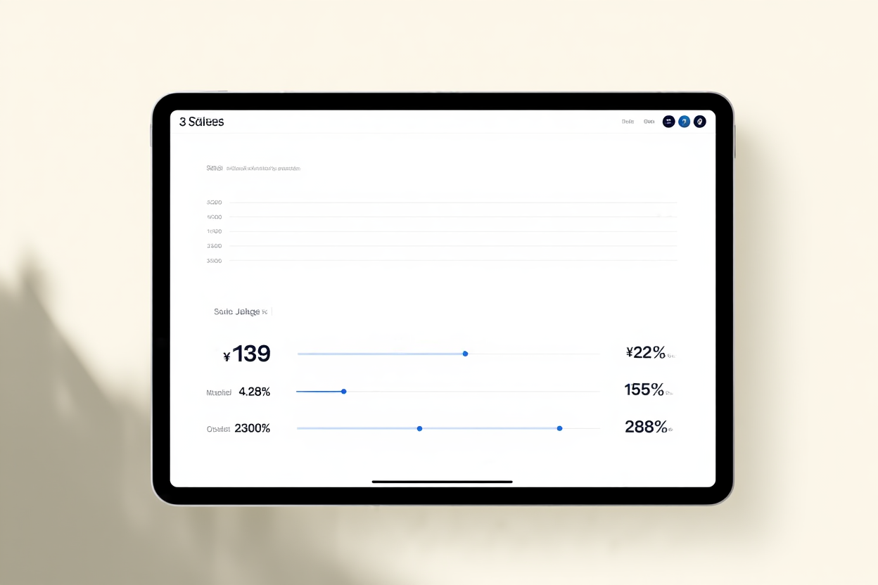 dasbor digital di tablet menampilkan grafik penjualan dan indikator persentase dengan desain minimalis bersih