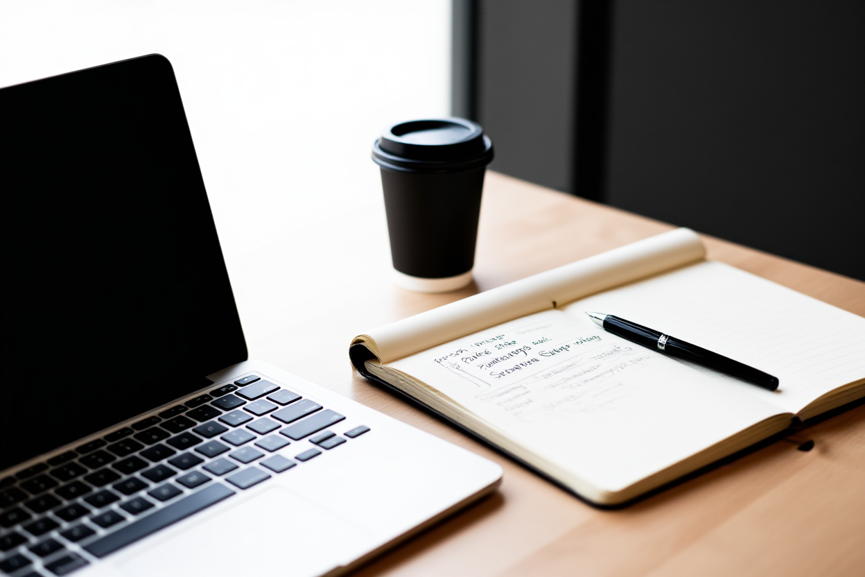 ruang kerja modern menampilkan laptop, cangkir kopi, dan buku catatan dengan catatan tangan tentang strategi harga