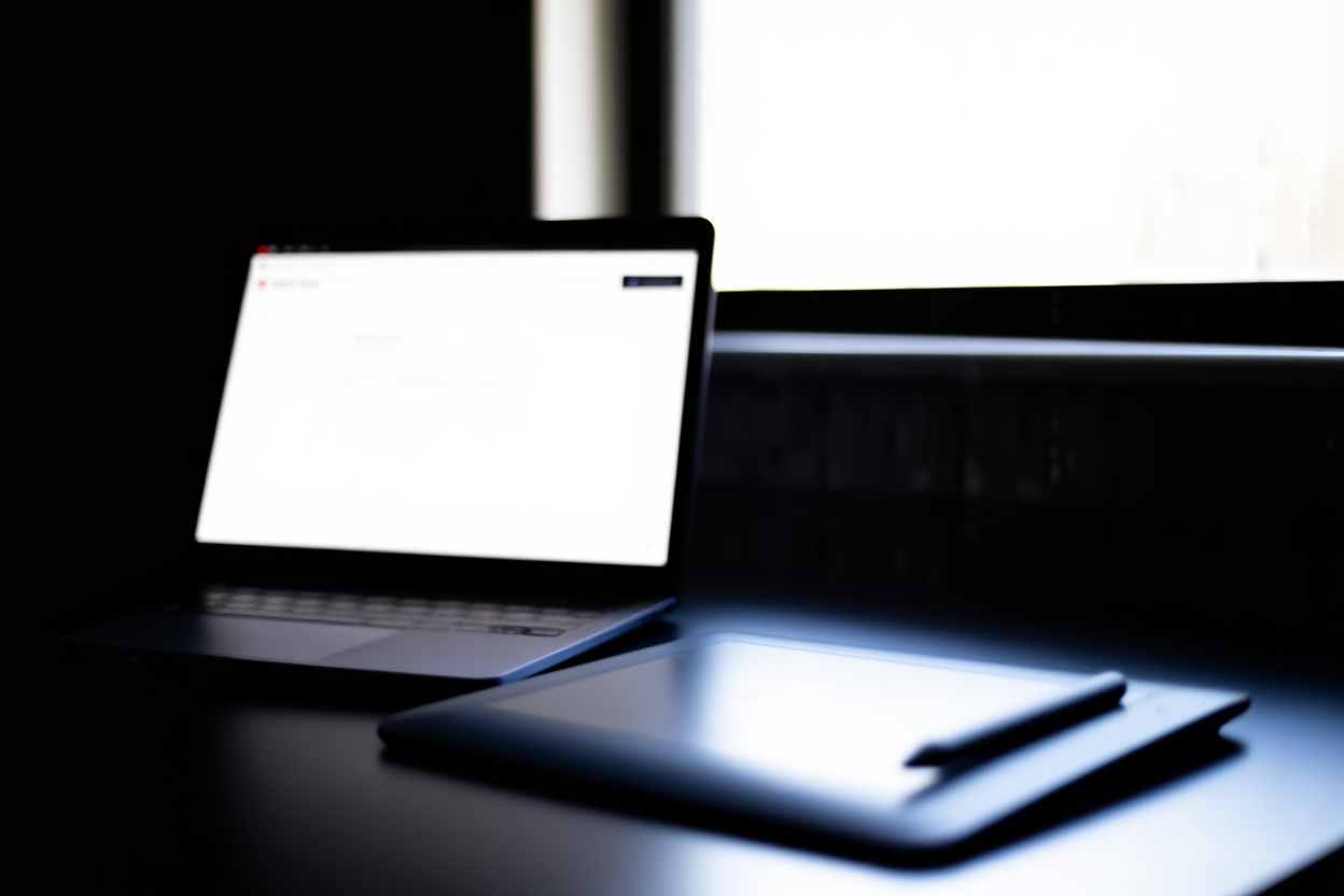 Ein moderner Laptop, der ein Adobe Stock Contributor-Dashboard neben einem digitalen Zeichentablett mit Stift zeigt, weiches Naturlicht
