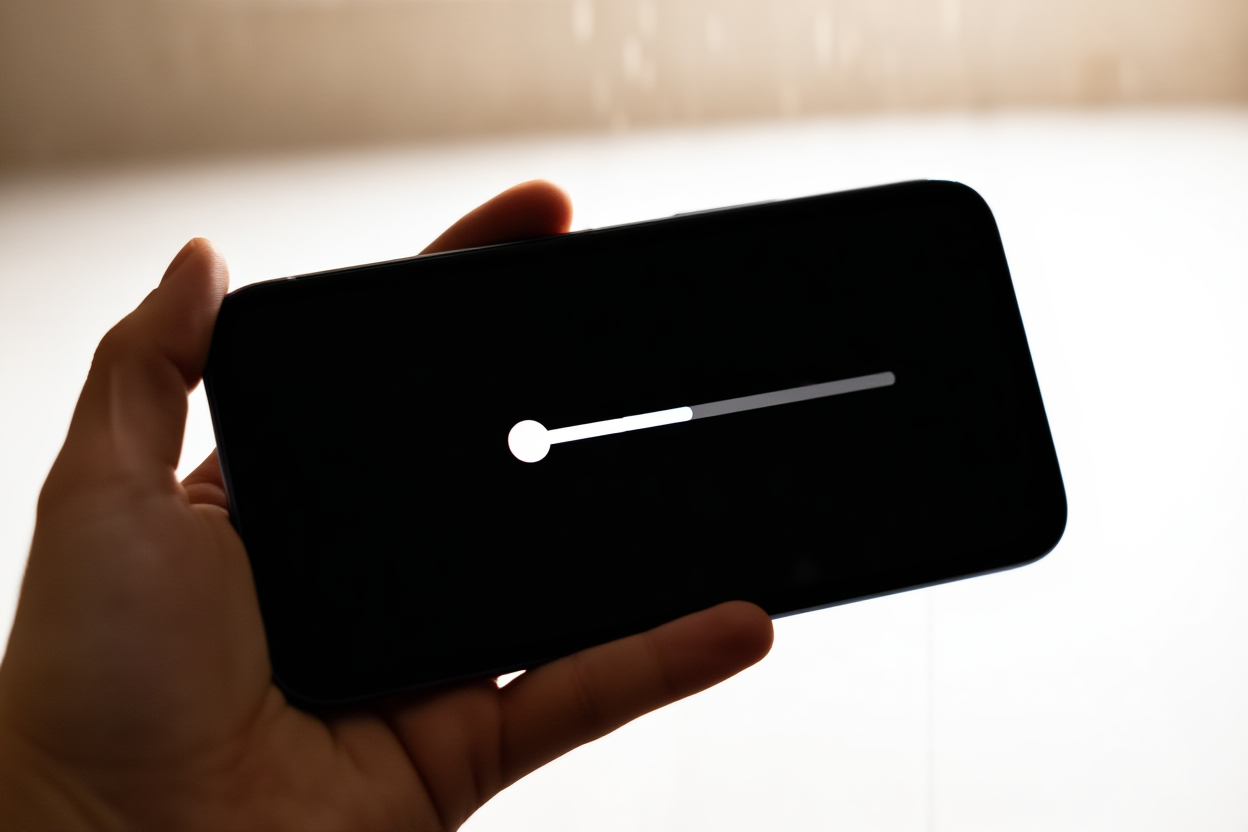 Eine Hand hält ein Smartphone, das eine Upload-Fortschrittsleiste anzeigt, neben einem Stapel Fotoalben