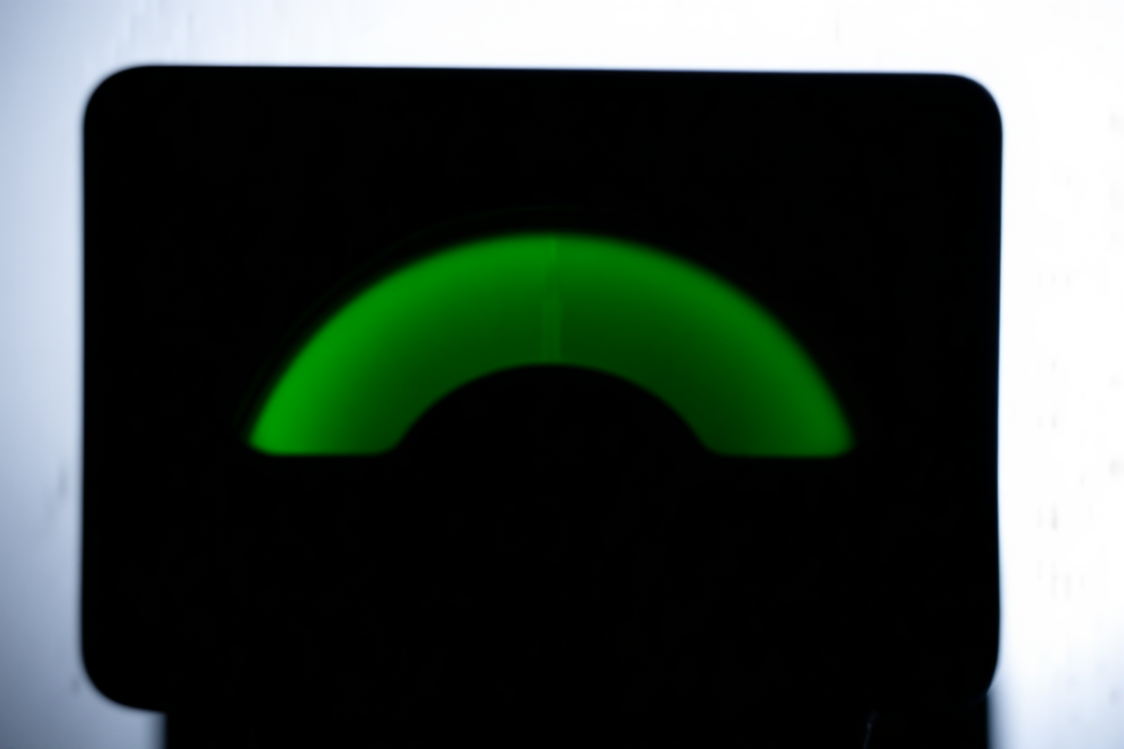 Ein digitales Messgerät oder Zifferblatt, das auf den grünen Bereich eines schlanken Monitorbildschirms zeigt