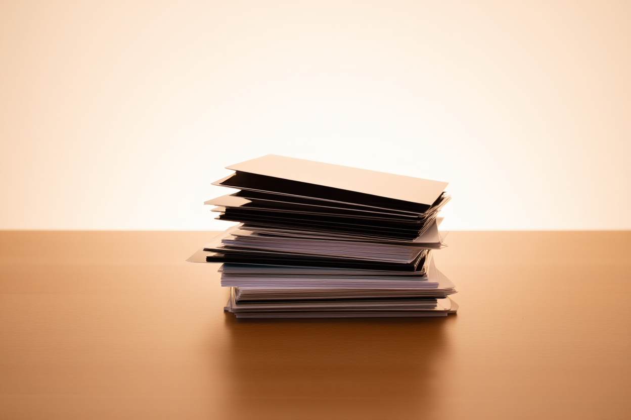 une pile de photos de stock diverses disposées soigneusement sur une surface en bois avec des ombres douces