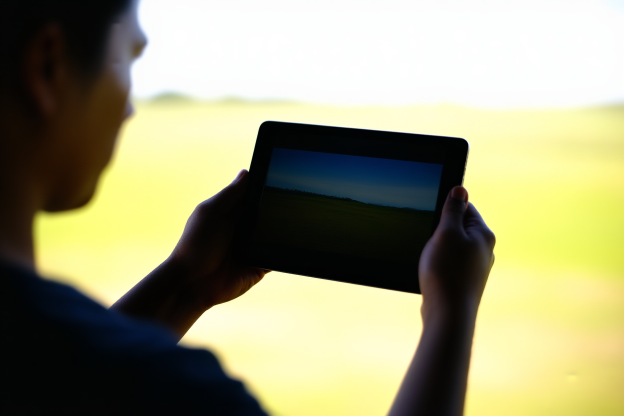 un photographe examinant des images sur une tablette en extérieur avec la lumière naturelle du soleil