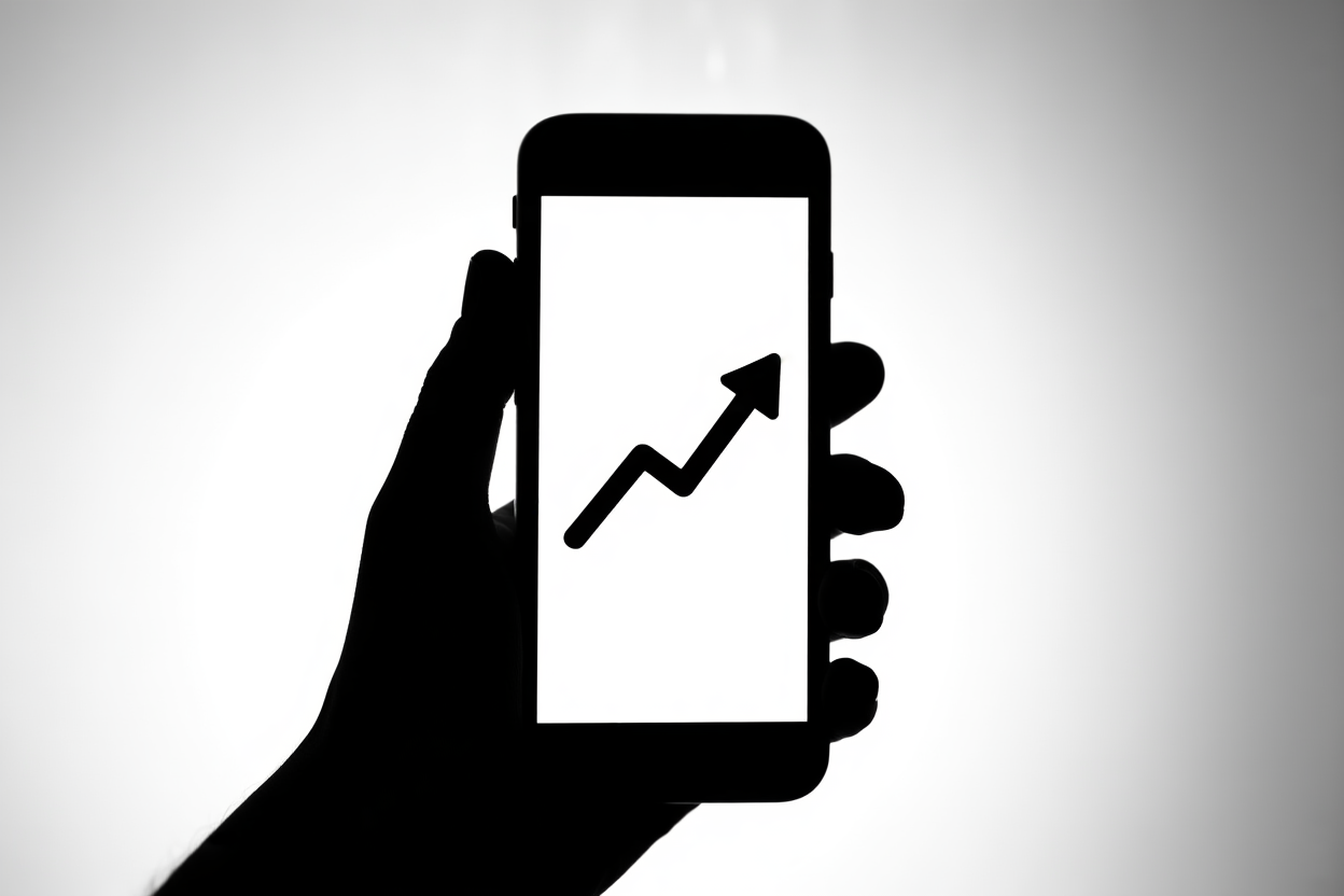 une main tenant un smartphone affichant un graphique de ventes montant vers le haut sur l'écran