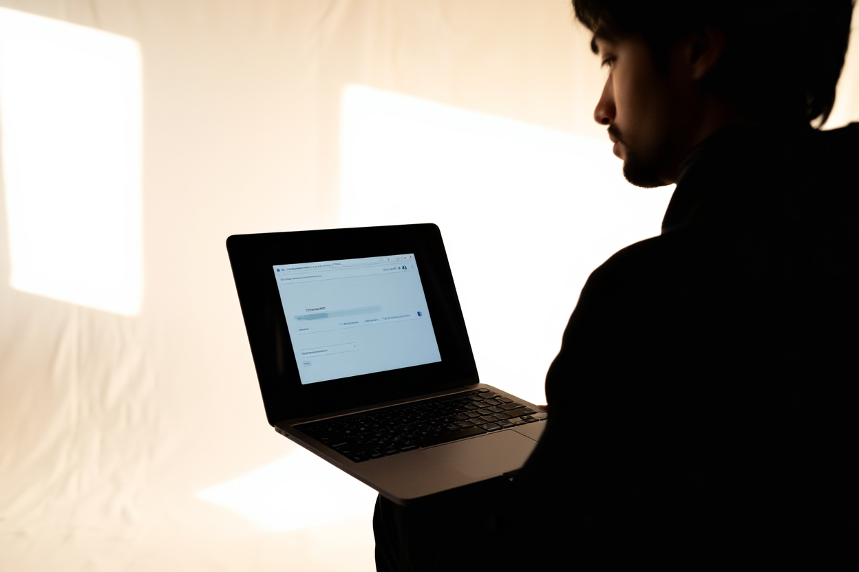A photographer reviewing a laptop screen displaying search analytics in a sunlit studio