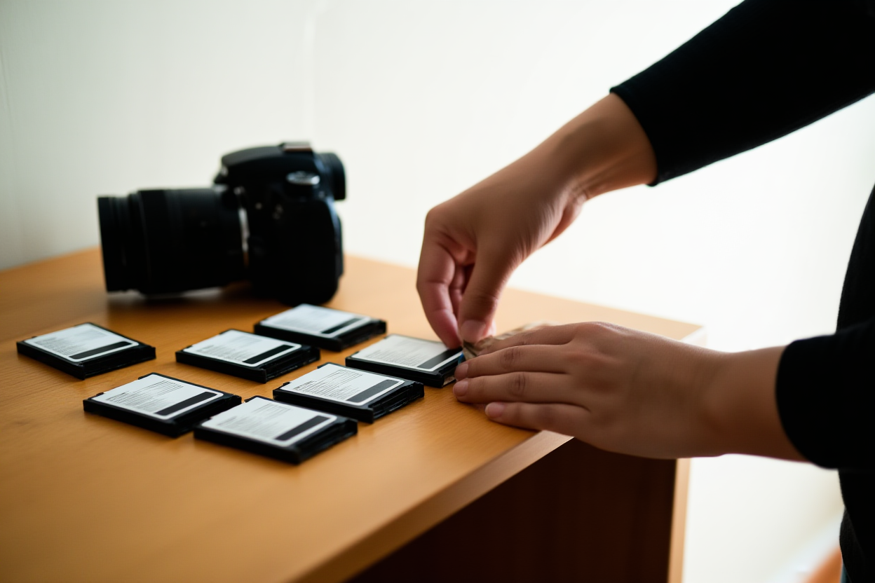 A photographer organizing camera memory cards on a wooden desk