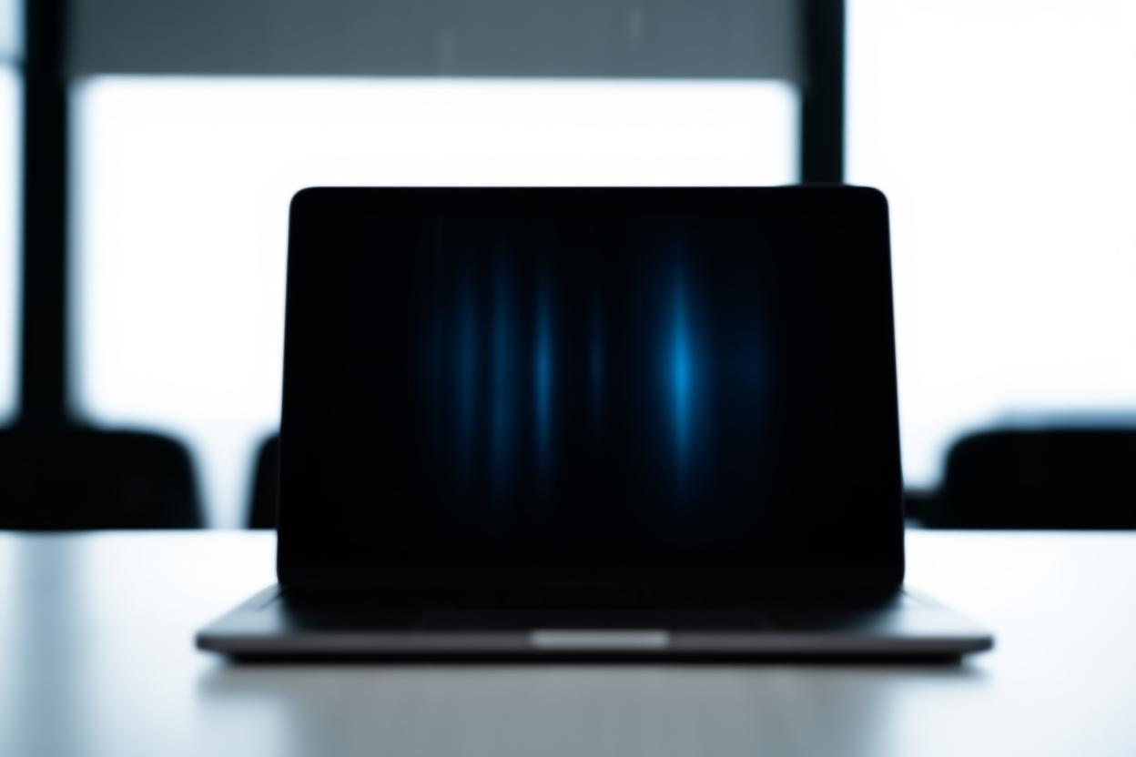 ein Laptop, der abstrakte Datenvisualisierungsmuster in einem modernen Büro anzeigt, weiches Tageslicht, breites Landschaftsfoto
