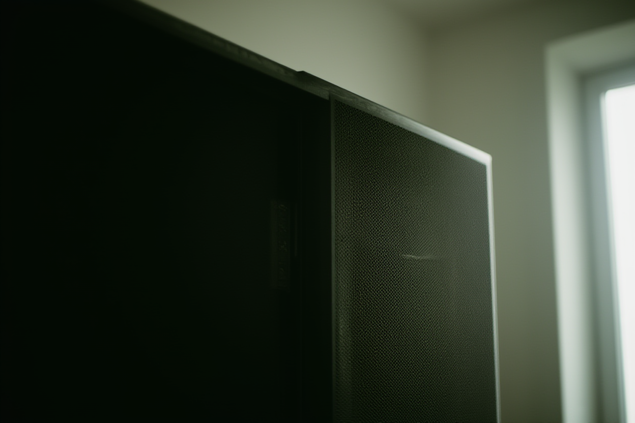 ein Server-Rack mit blinkenden Lichtern in einem dunklen Raum, weiches natürliches Licht von einem Fenster, breites Landschaftsfoto
