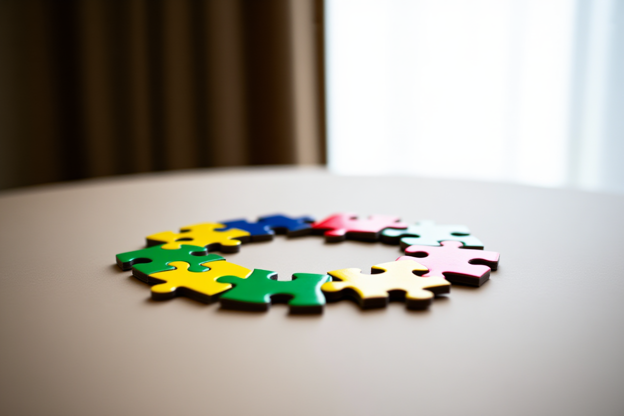 ein Satz buntes Puzzleteile, die einen Kreis auf einem Tisch bilden, weiches natürliches Licht, breites Landschaftsfoto