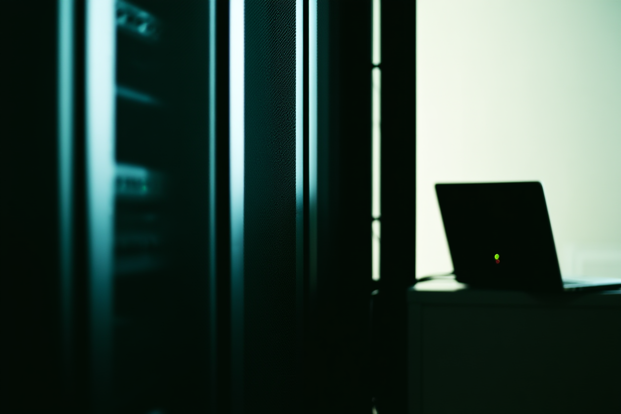 ein Server-Rack mit Netzwerkkabeln, die an einen Laptop angeschlossen sind und aktive Datenübertragungsleuchten zeigen