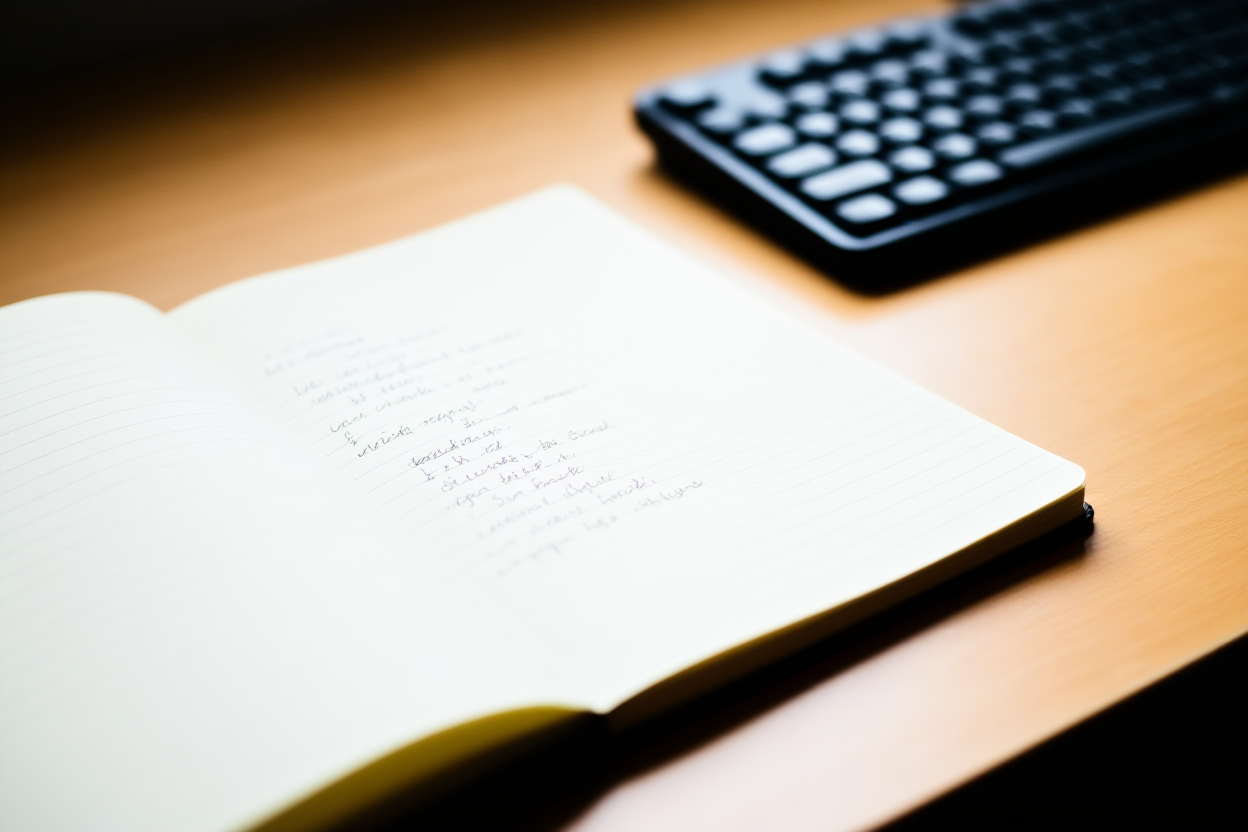 ein Schreibtisch aus Holz mit einer Tastatur und einem Notizbuch, das handschriftliche Schlüsselwortlisten zeigt, weiches natürliches Licht, Weitwinkelaufnahme
