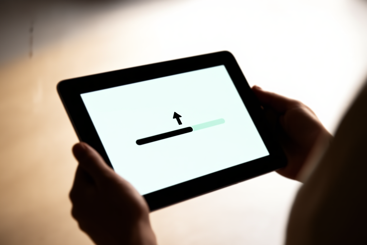 eine Hand, die ein Tablet hält, das eine Upload-Fortschrittsleiste anzeigt, weiches natürliches Licht, Weitwinkelaufnahme