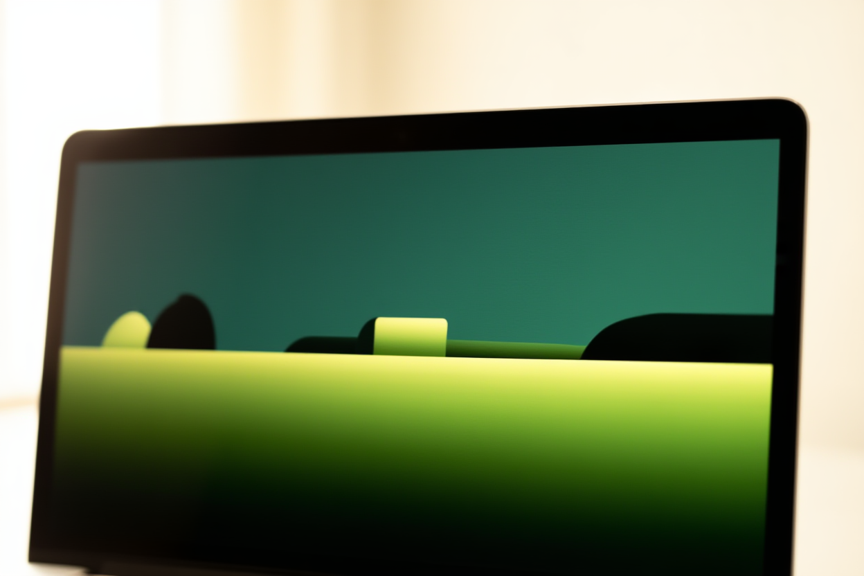 ein moderner Laptop-Bildschirm, der eine Videoleitbahn und Vektorformen anzeigt, weiches natürliches Licht, Weitwinkelaufnahme
