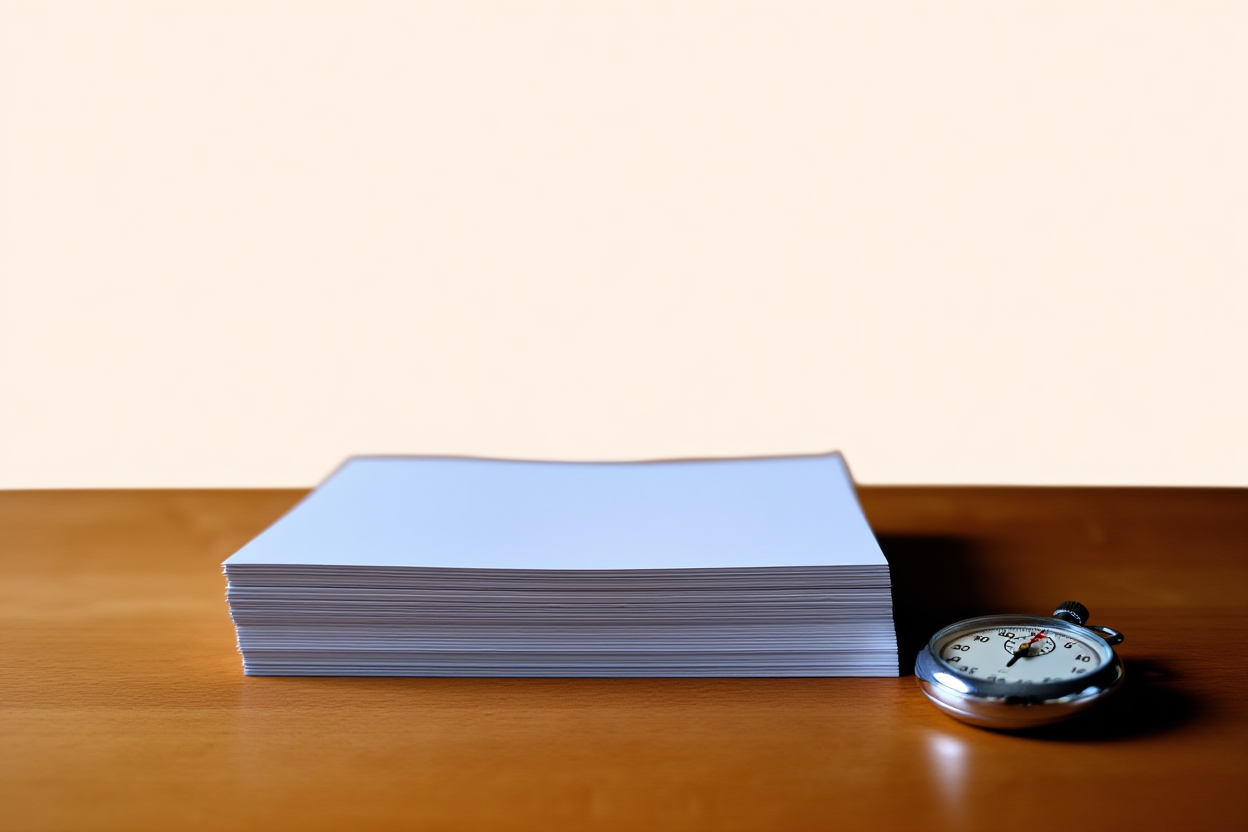 a stack of printed photo prints on a wooden desk next to a stopwatch