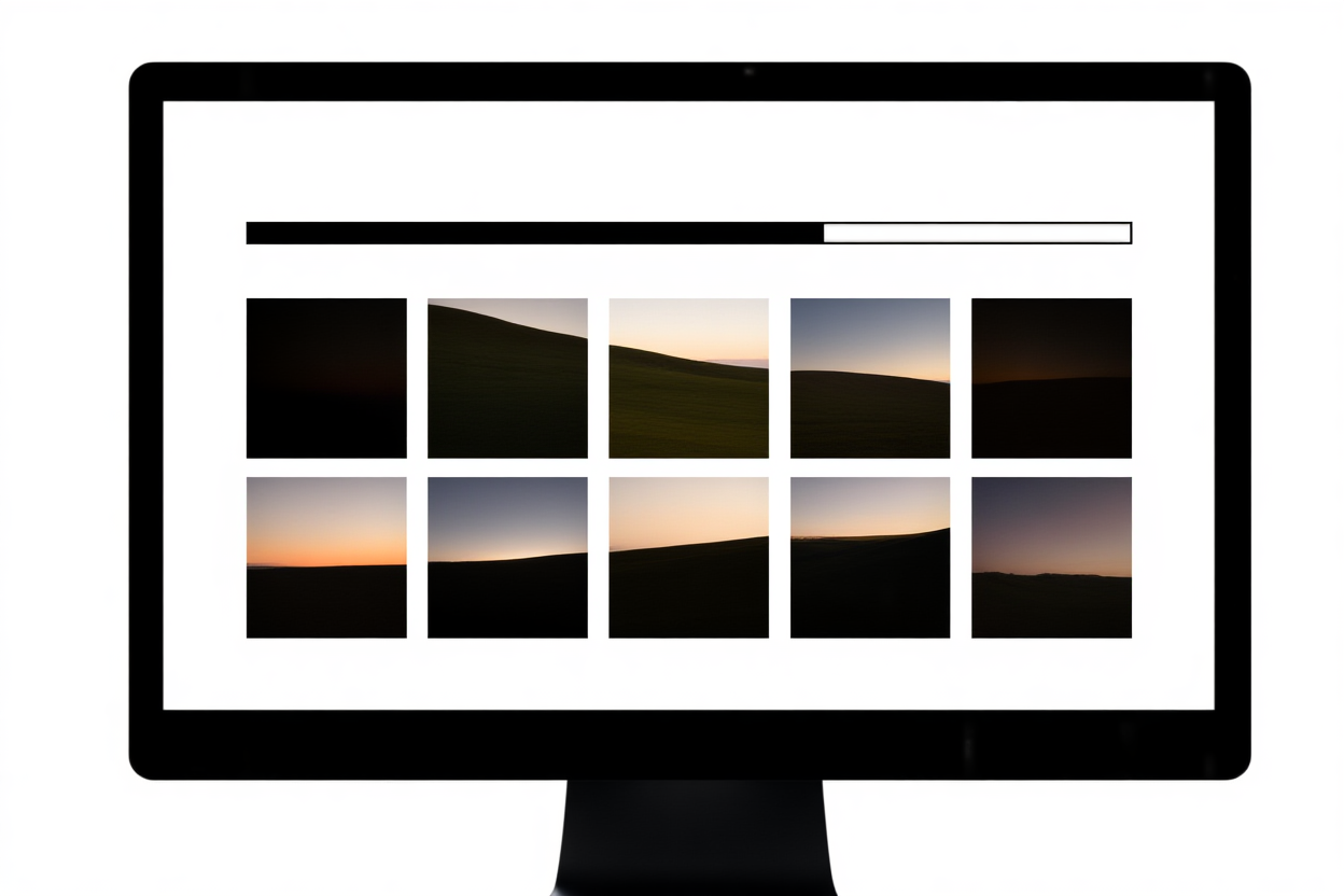 a computer monitor displaying a grid of thumbnail images with a progress bar