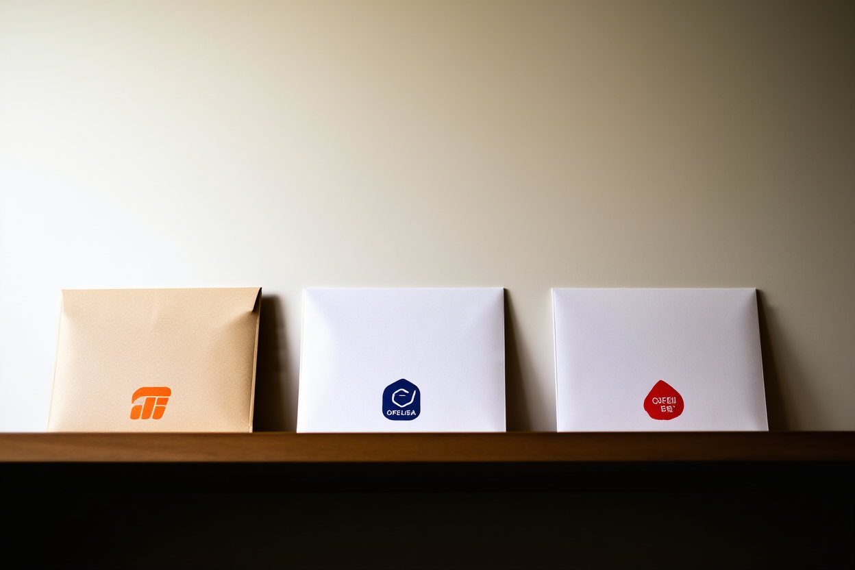 a set of branded envelopes or packages labeled with different logos on a shelf