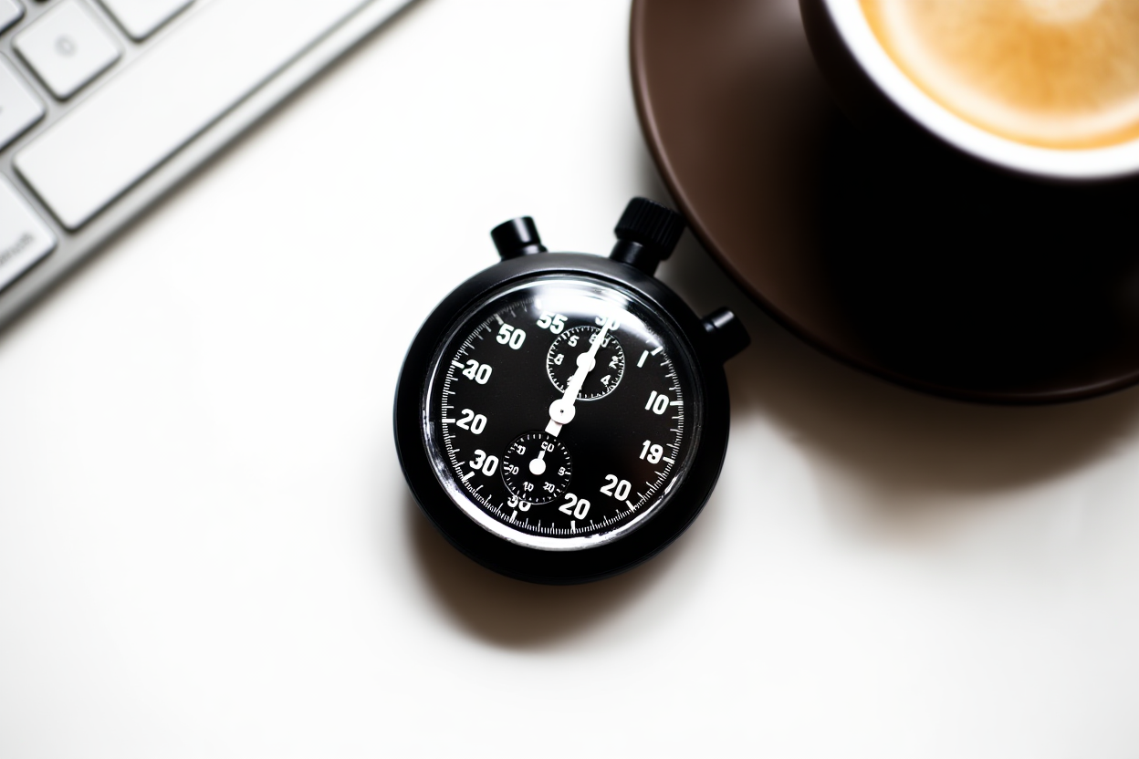 eine analoge Stopuhr ruht auf einer Tastatur neben einem Becher Kaffee