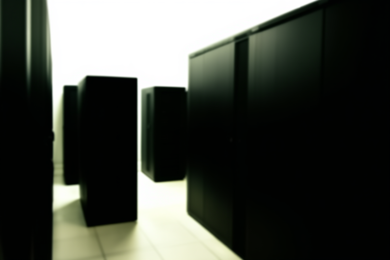 Reihen schwarzer Servertowers in einem düster beleuchteten Datencenter-Gang
