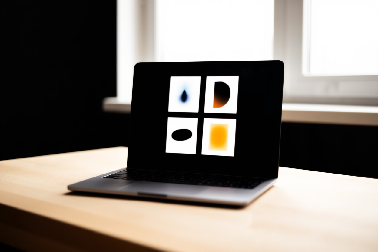 a modern laptop displaying a grid of abstract AI-generated artwork on a light wooden desk, soft daylight from window