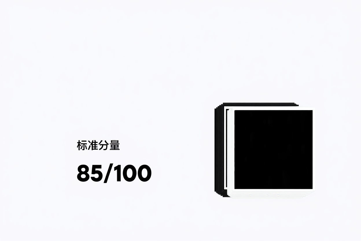 a minimalist dashboard graphic showing a score gauge reading 85/100 next to a stack of printed photo prints
