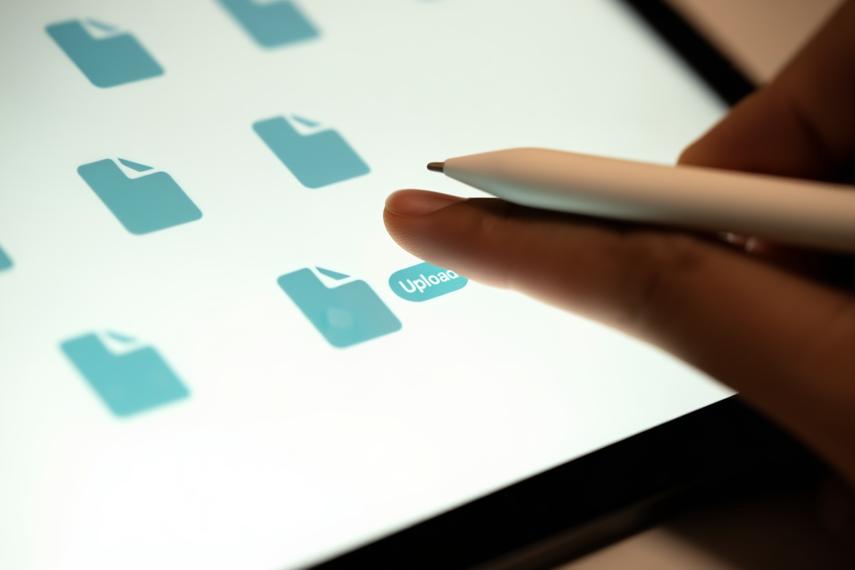 a hand using a stylus to tap an "Upload" button on a tablet screen displaying multiple file icons