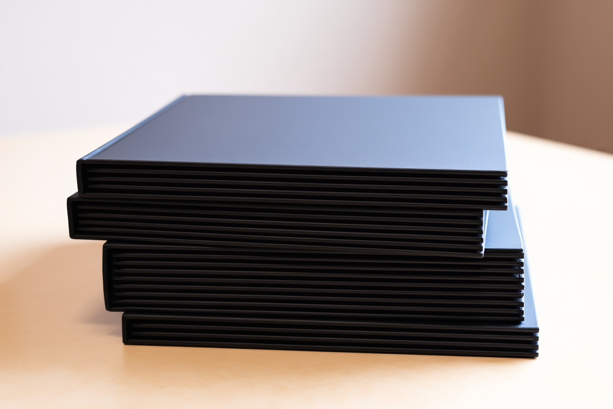 a large stack of neatly organized photo albums or digital storage drives on a desk