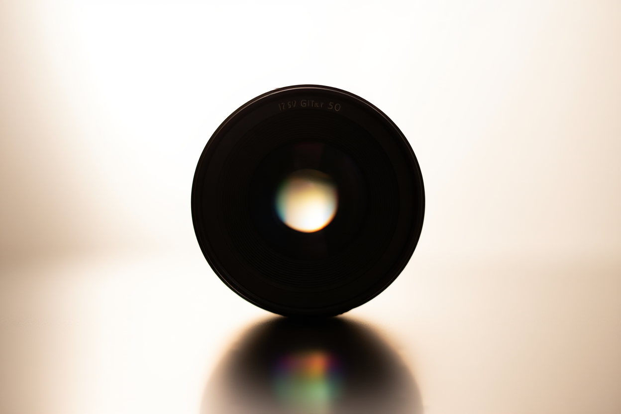 a high-resolution 4K video camera lens reflecting colorful abstract light patterns