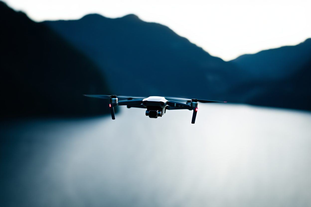 drone sleek terbang di atas danau tenang dengan gunung di latar belakang, cahaya alami lembut, shot pemandangan luas