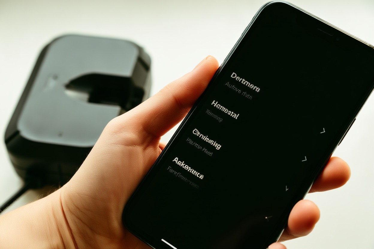 tangan memegang smartphone menampilkan hasil kata kunci di samping charger baterai drone, ruang kerja santai, shot pemandangan luas
