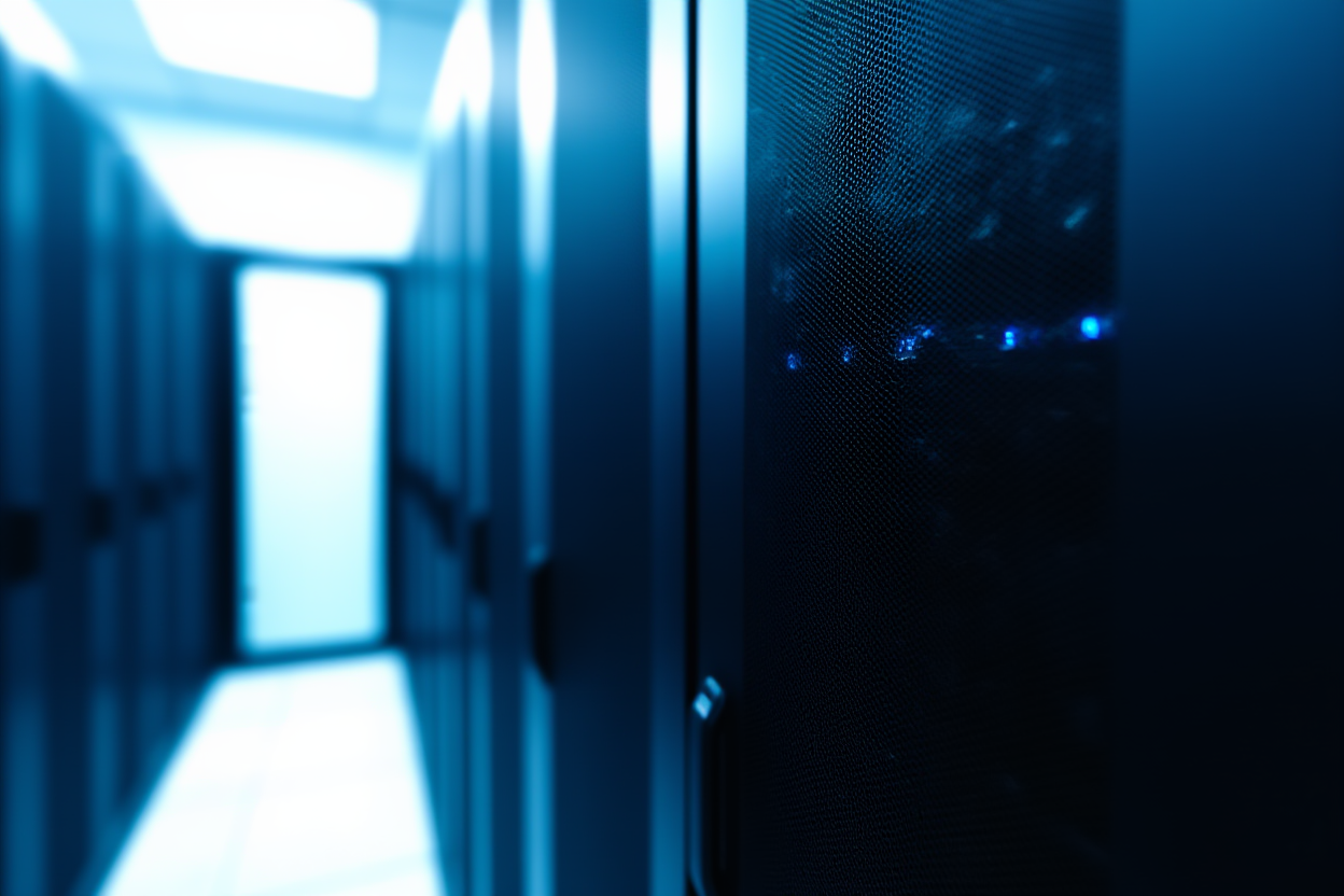 rak server ramping dengan indikator status berkelap-kelip di pusat data modern, pencahayaan ambient biru lembut, pemandangan luas