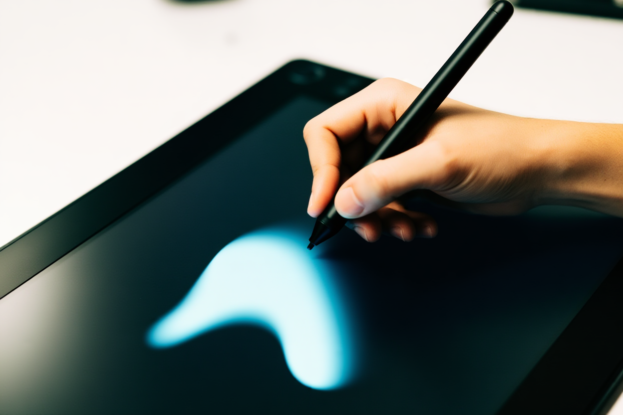 die Hand eines digitalen Künstlers, die einen Stift in der Nähe einer leuchtenden abstrakten Form auf einem Tablet-Bildschirm hält, weiches natürliches Licht, Weitwinkel