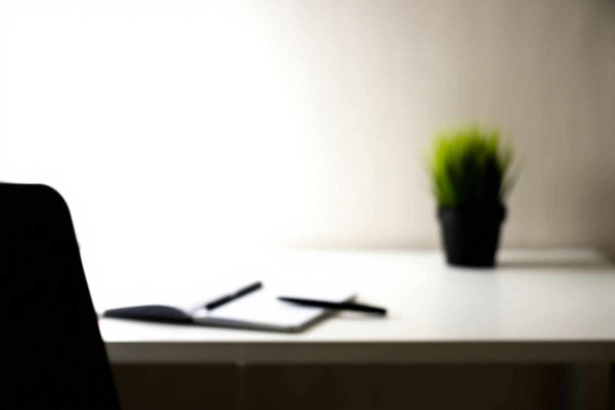 a modern office desk displaying a laptop, a fresh notebook, and a small potted plant, soft daylight, wide landscape shot