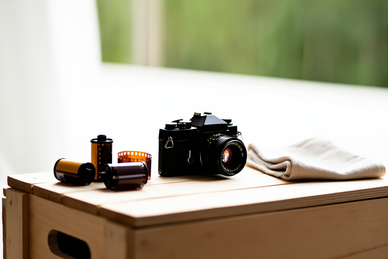 a vintage camera resting on a wooden crate surrounded by scattered film rolls and a lens cloth, soft natural light, wide