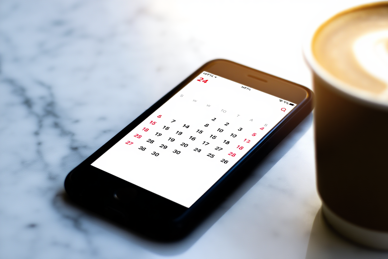a smartphone displaying a clean calendar interface next to a coffee cup on a marble countertop, soft morning light, wide