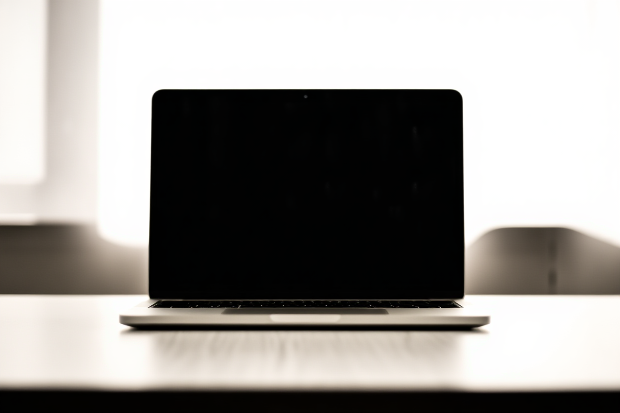 a sleek silver laptop open on a minimalist desk displaying a keyword dashboard, soft office lighting, wide landscape sho