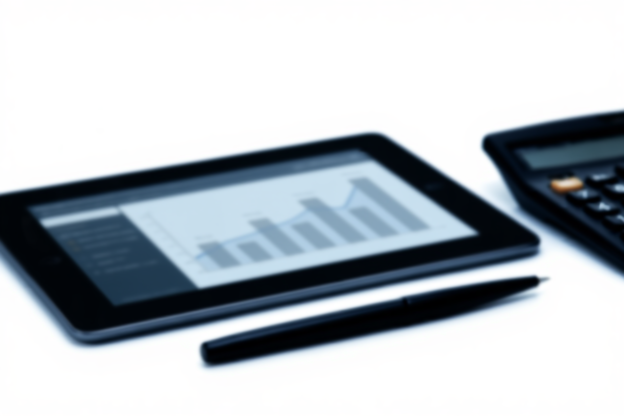 a digital tablet displaying a sales graph next to a calculator and pen on a clean white surface, soft daylight, wide lan