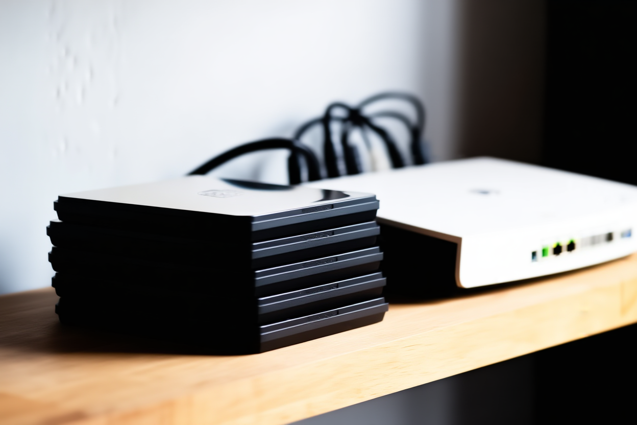 a stack of organized hard drives next to a network router and ethernet cables on a wooden shelf, soft studio lighting, w